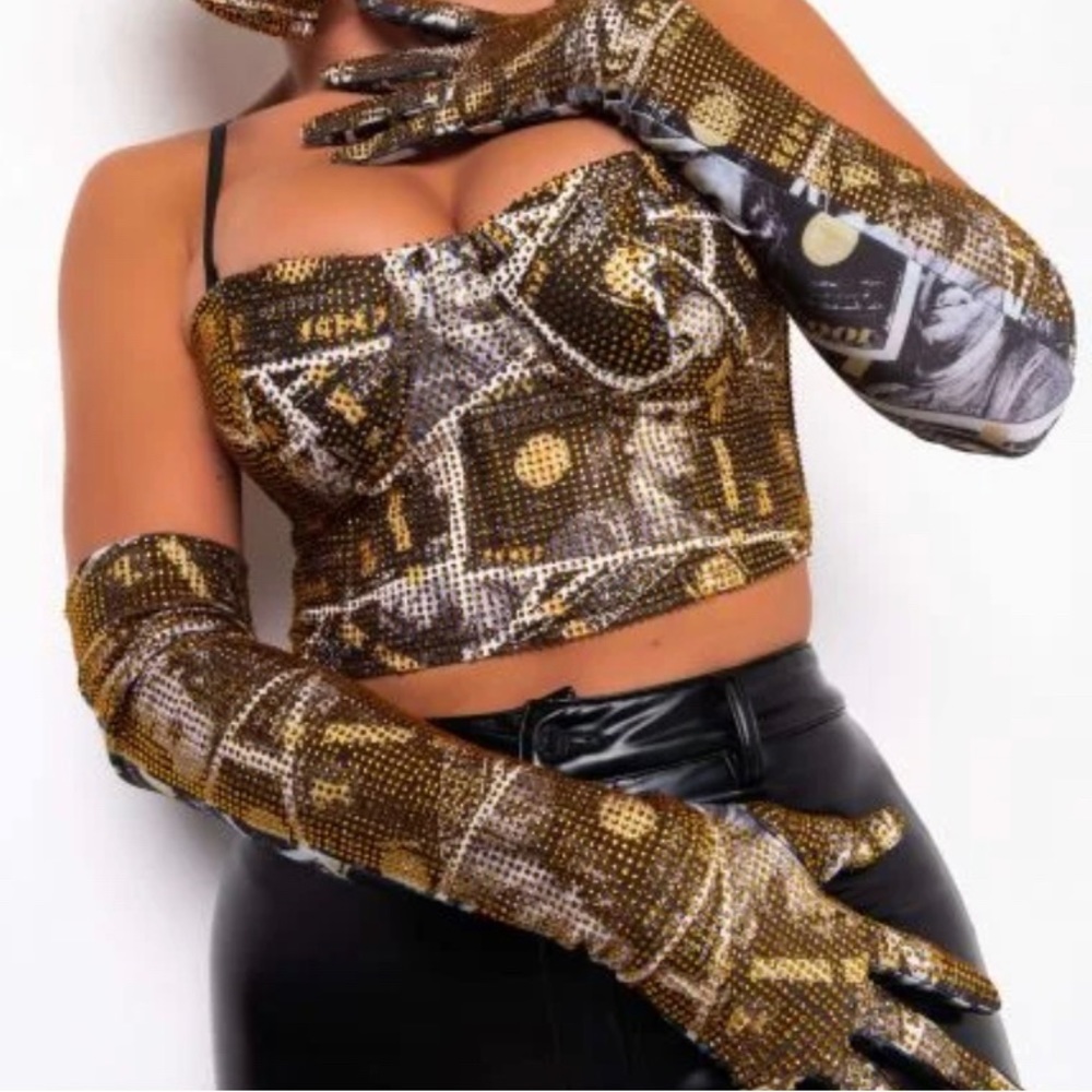 RHINESTONE CORSET MONEY AKIRA WITH GLOVES SZ MED NWT